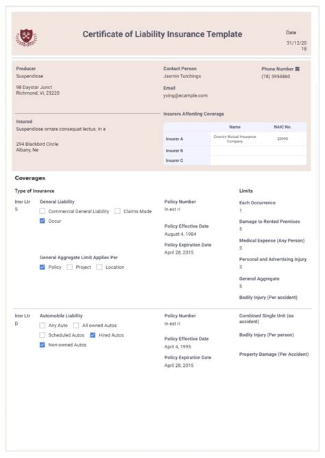 Liability Insurance Certificate Form 的图像结果