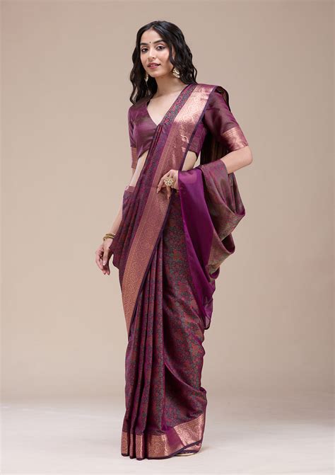 Buy Purple Zariwork (Gold) Banarasi Silk Saree - Koskii