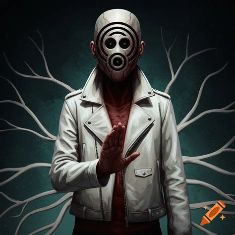 Menacing person in white leather jacket and mask stopping time on Craiyon