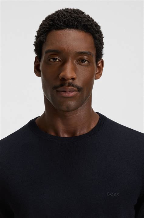 BOSS - Crew-neck sweater in virgin wool with embroidered logo - Dark Blue