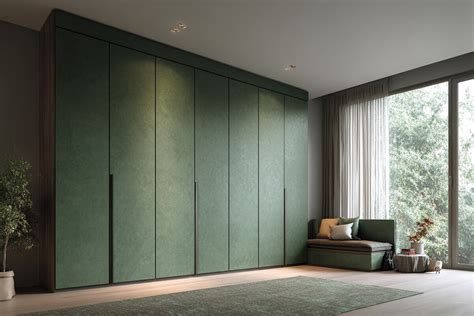 Contemporary 7-Door Swing Wardrobe Design in Dark Green Suede Laminate