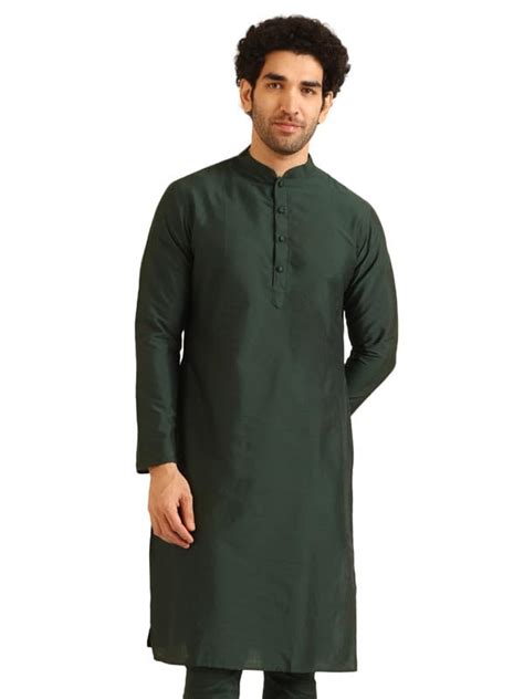 Buy KISAH Men's Kurta, Bottle Green Cotton Blend, Solid Regular Fit ...