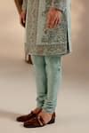 Buy Aqua Linen, Silk Embroidery, Zari, Brooches Floral Sherwani Set For ...