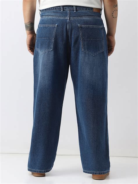Plus Men's Blue Loose Baggy Fit Washed Jeans Non-Stretchable – Urbano ...