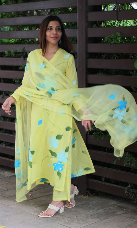 Cotton Yellow & Blue Handbrush Painted Suit with Chiffon Hand-painted ...