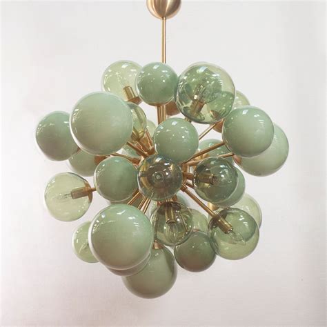 Italian Chandelier Sputnik Green Shades Murano Blown Glass Balls, Brass Finish, Handmade ...