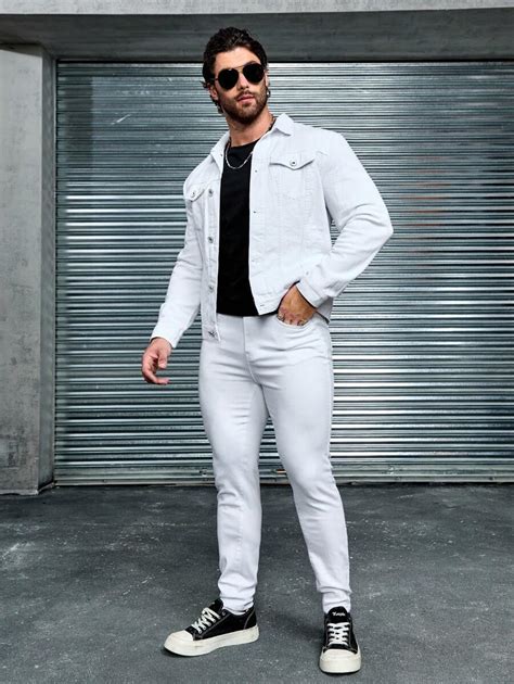 Manfinity Homme Men White Pocket Design Casual Denim Jacket And Jeans ...