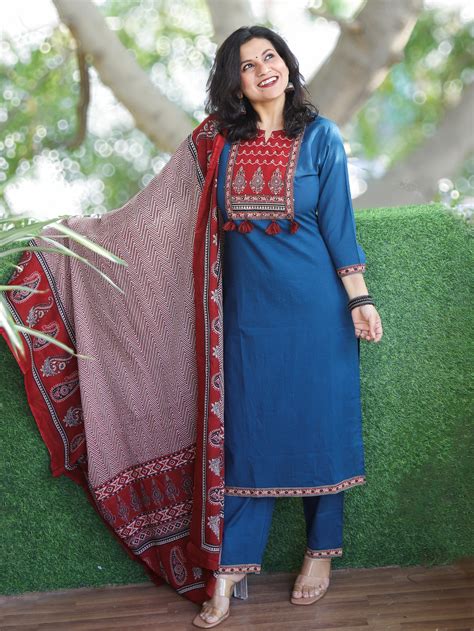 Shubh Cerulean Blue Ajrak Printed Patch Neck Work Cotton 3 Piece Set ...