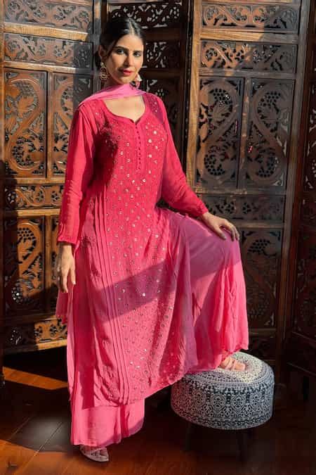 Buy LABEL AISHWARYRIKA Pink Chikankari Georgette Kurta Set Online | Aza ...