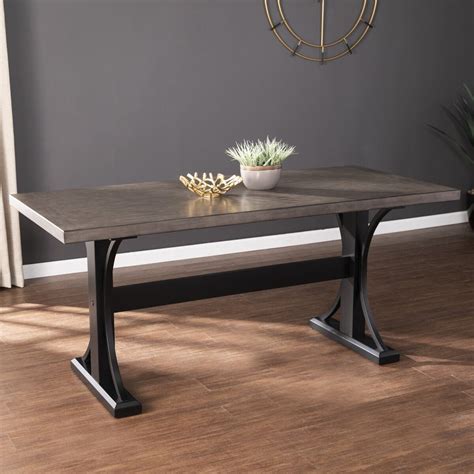 long narrow farmhouse dining table black trestle base neutral wood ...