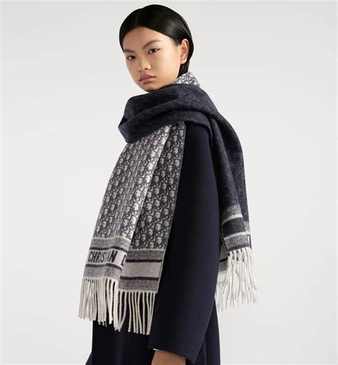 Dior Oblique Scarf Ecru and Navy Blue Cashmere | DIOR