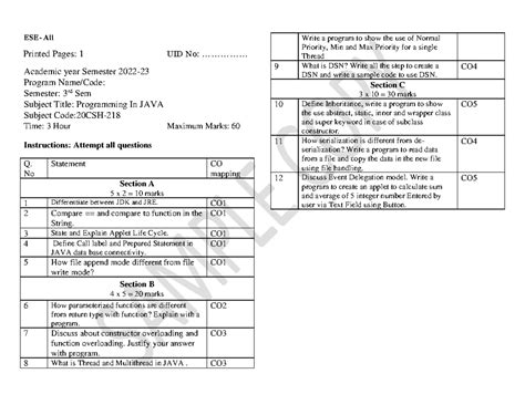 JAVA Sample EST - ESE- All Printed Pages: 1 UID No ...