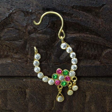 14k Real Gold Big Traditional Indian Nath Multi CZ Left Nose Ring (Nat ...