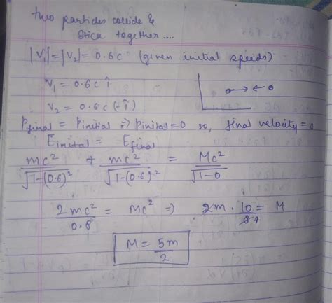 Two particles each of rest mass m collide head on and stick together ...
