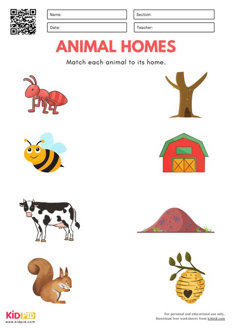 Animal Homes Matching Worksheet for Kindergarten - Kidpid