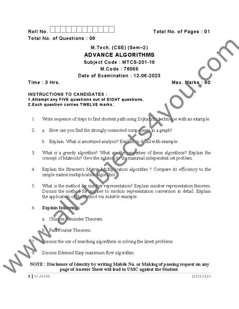 M.Tech (CSE) 76055 Advance Algorithms Exam Questions & Instructions ...