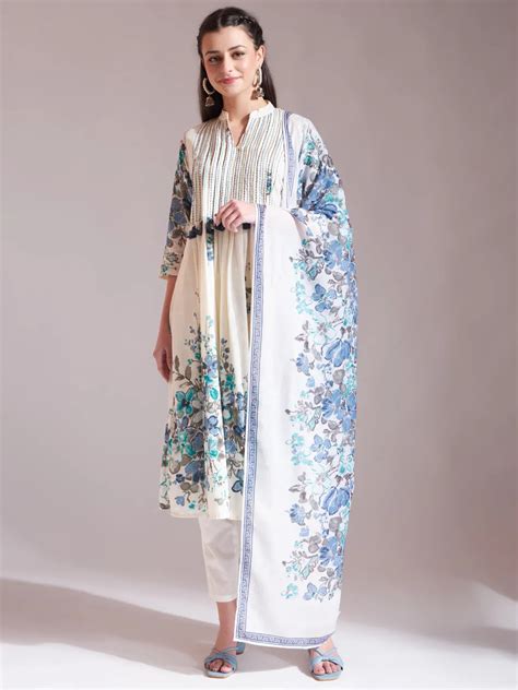 Premium Mul Cotton Blue Tassel Work Flared Kurta Dupatta Pant Set ...