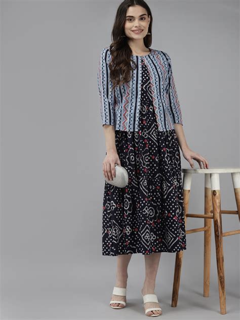 Blue & White Printed Dress with Jacket freeshipping - Yufta Store
