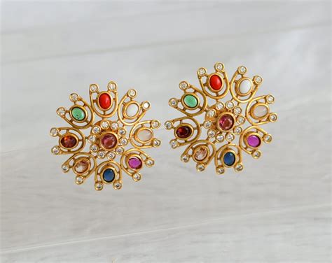 Matte finish cz navarathna round big earrings dj-47068 – dreamjwell