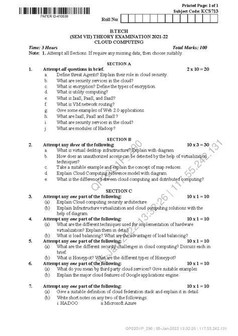 Cloud Computing Theory Exam Notes - KCS713 B.Tech Sem VII - Studocu