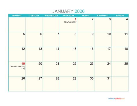 Monthly Monday 2026 Calendar Printable | Calendar Quickly