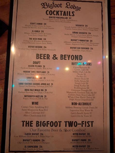 Menu at Bigfoot Lodge pub & bar, Los Angeles