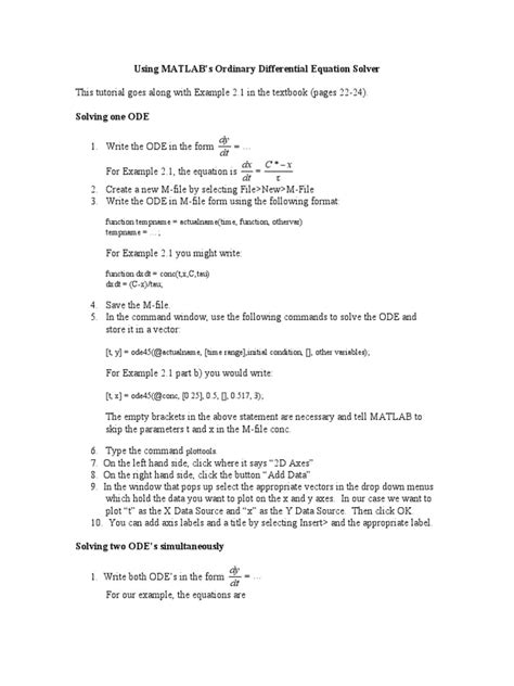Image result for MATLAB Ode Practice Problems