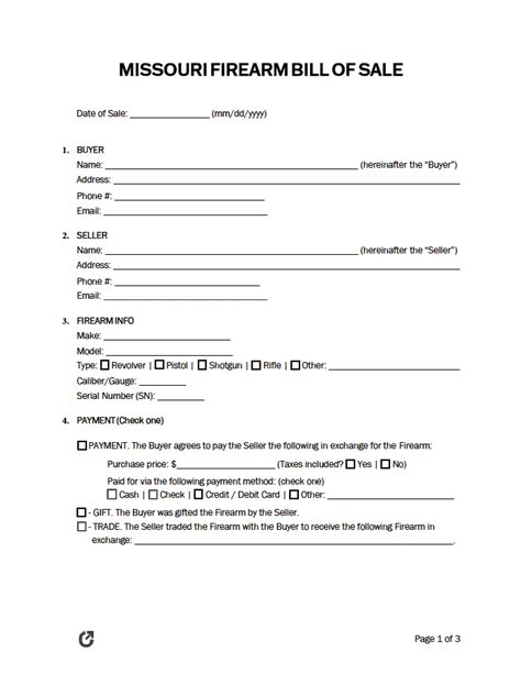 Free Missouri Firearm Bill of Sale Form | PDF | WORD | RTF