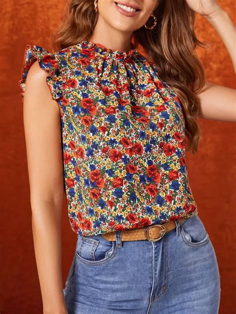 SHEIN Clasi Allover Floral Print Frilled Neck Butterfly Sleeve Blouse ...