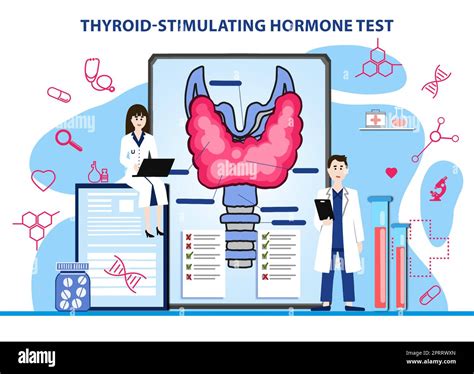 Thyroid-stimulating hormone test. Illustration of doctors, tablet and ...