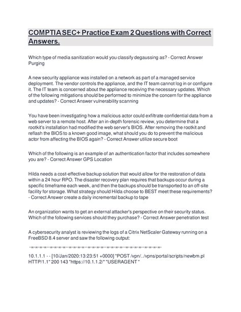 COMPTIA SEC+ Practice Exam 2 Questions and Answers | Exams Securities ...