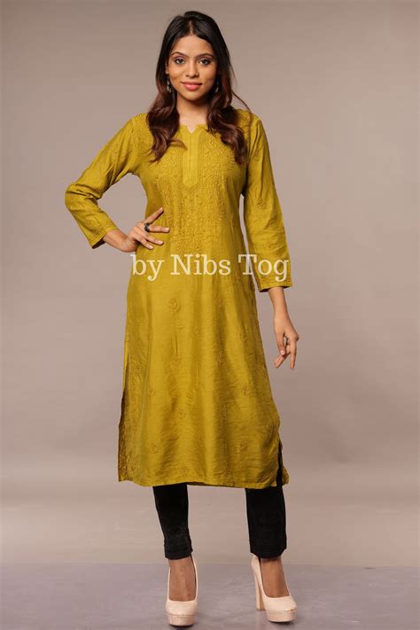 Buy Modal Silk Straight Chikankari Kurta Green online - by Nibs Tog