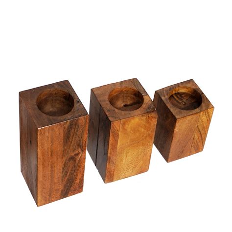 Set of 3 Solid Pillar Wooden Tea Light Candle Stands - eCraftIndia Online
