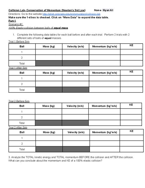 PHET Collision Lab - Momentum & Energy Analysis (Elastic vs Inelastic ...