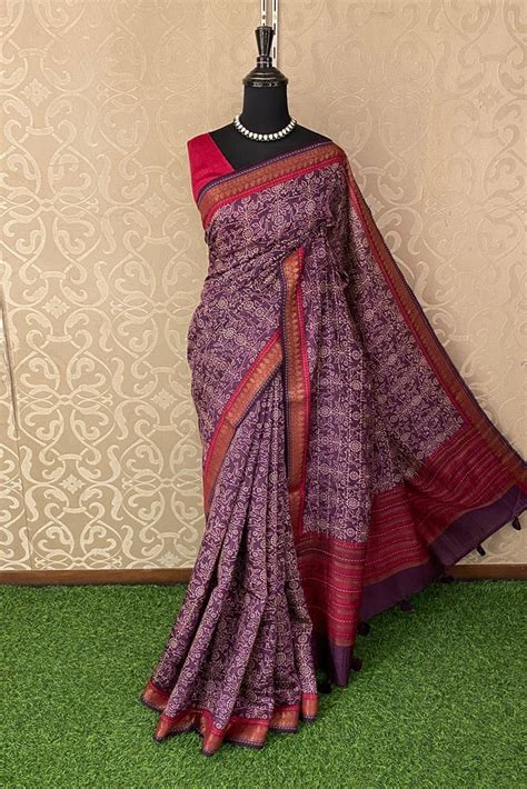 Purple Munga Silk Printed Saree With Kantha Work, With Unstich Blouse ...