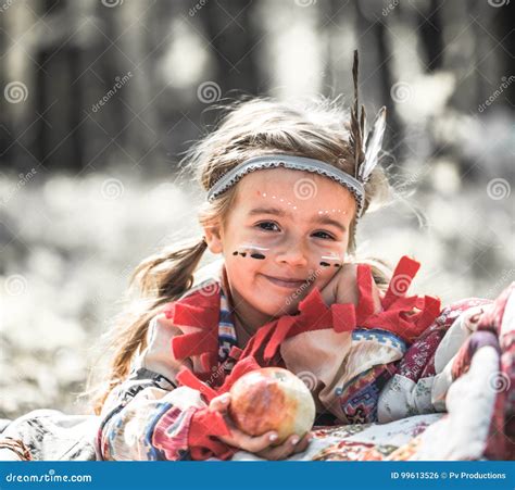 Portrait of Girl in Costume of American Indian Stock Photo - Image of ...