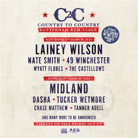 Lainey Wilson, Midland, Nate Smith, Dasha, 49 Winchester, Wyatt Flores, Tucker Wetmore, Chase ...