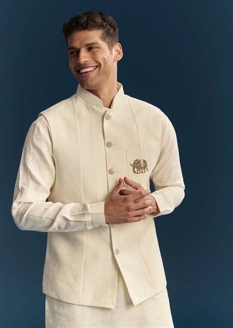 Buy Pastel Off White Silk Kurta Jacket Set With Minimal Thread Detail ...