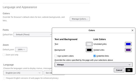 Pages backgrounds still white while changed from colors settings - Tor ...
