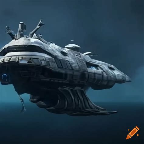 Heavily armed whale-shaped spaceship frigate on Craiyon