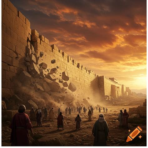 The Wall of Jericho crumbles as people watch under a dramatic sunset ...