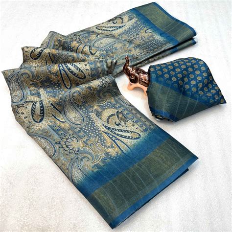 Festive Grey Silk Blend Saree with Subtle Floral Print and Shimmering