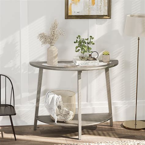 COSIEST Semi-Circular 2-Tier Wood Narrow Console Table, Antique Silver ...