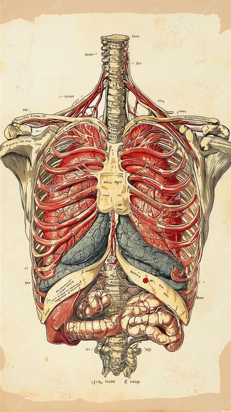 Anatomical diagram of human thoracic cavity showcasing detailed structures including lungs ribs ...