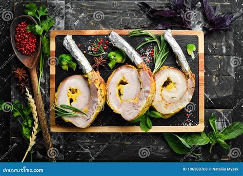 Pork Loin on the Bone Baked with Spices and Seasonings. Top View ...