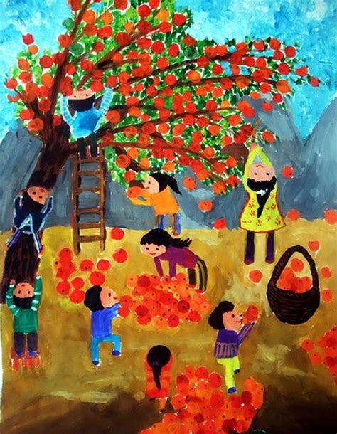 丰收的秋天儿童画,秋天大丰收,秋天丰收水果简笔画_大山谷图库