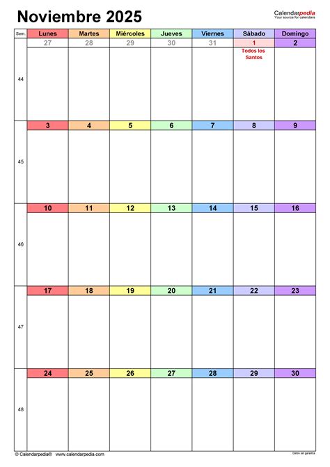 Calendario noviembre 2025 en PDF, Excel y Word | Calendarpedia