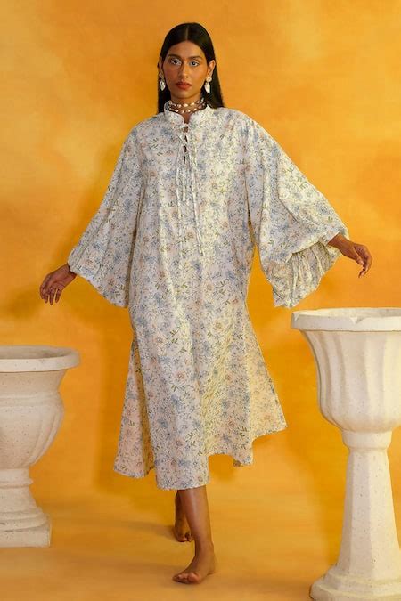 Buy Ivory Cotton Mandarin Collar Floral Print Balloon Sleeve Dress For ...
