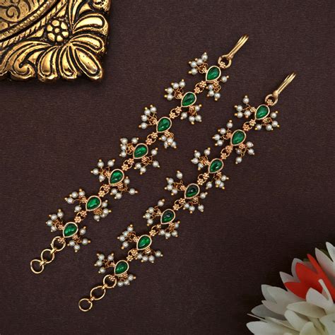 Jadau Kundan Drops Traditional Bridal Straight Maatal / Ear Chain - Gr