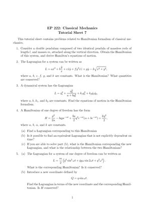 Cm ts 1 - Tutorial sheet shared by professor - EP 222: Classical ...